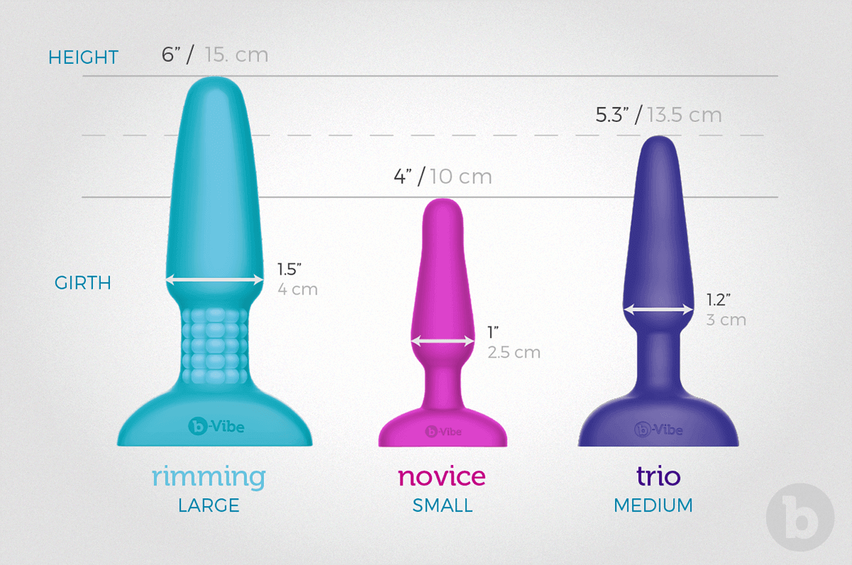 b-Vibe collection of premium vibrating butt plugs comes in three different sizes; small, medium and large