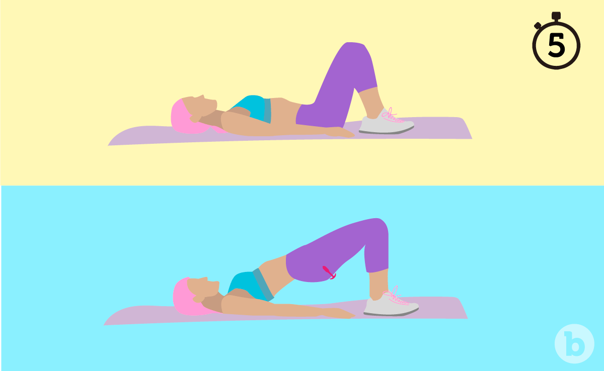 Two illustrations of a woman doing kegel exercises on a yoga mat with a butt plug on