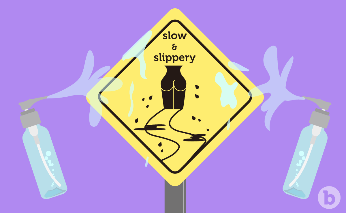 A warning size with the text "slow & slippery" - they are the keywords to remember in your anal training