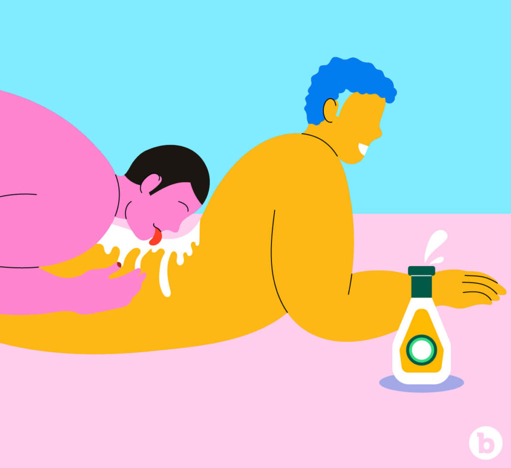 Man licking sauce off his partner's back during sex