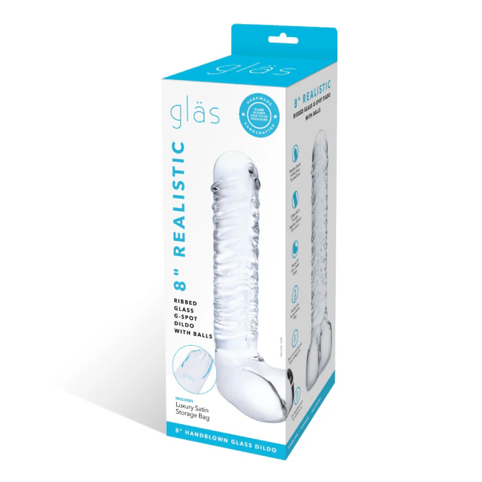 Glas Toy 8 Inch Realistic Ribbed Glass G-Spot Dildo with Balls