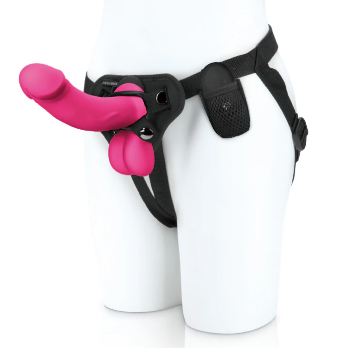Pegasus Six and Half Inches Realistic Silicone Vibrating Pegging Dildo with Balls Remote Control and Adjustable Harness Set