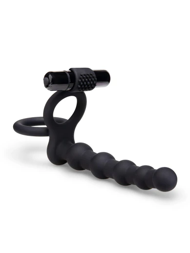 6 inch beaded vibrating double penetration strap-on cock ring