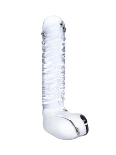 8” realistic ribbed glass g-spot dildo with balls