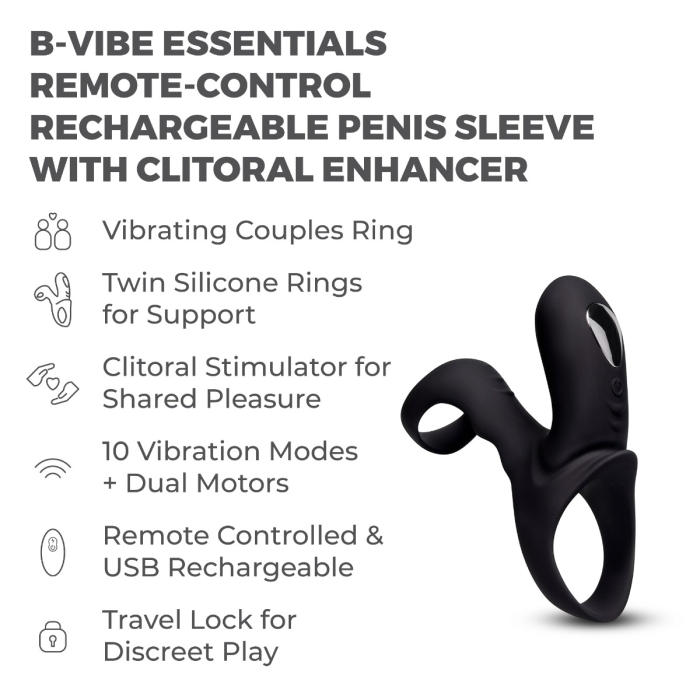 Remote-Control Penis Sleeve with Clitoral Enhancer | b-Vibe Remote-Control Penis Sleeve with Clitoral Enhancer | b-Vibe