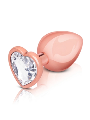 rose gold metal anal plug with clear heart crystal stone medium